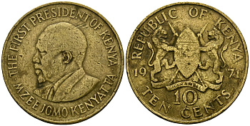 Кения 10 центов 1971 Джомо Кениата KM 11 никель латунь 4120-945