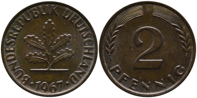 ФРГ 2 пфеннига 1967 F KM 106, J.381 бронза 99-152