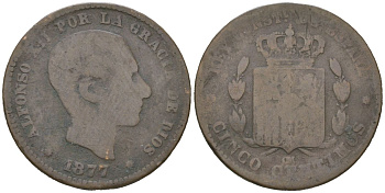 Испания 5 сентимо 1877 OM, Альфонсо XII (1874-1885) KM 674 бронза 4616-817