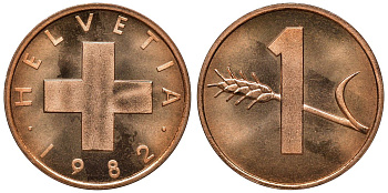 Швейцария 1 раппен 1982 KM 46 бронза UNC M53-10