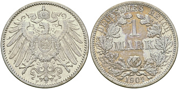 Германия 1 марка 1907 F Weege 18, J. 17, KM 14 серебро aUNC 65-221