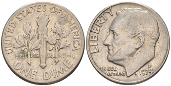 США 10 центов (дайм) 1974 D, Франклин Рузвельт KM 195а медь плакированная медно-никелем 187-1051