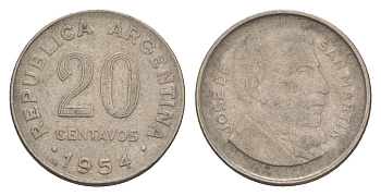 Аргентина 20 сентаво 1954 KM 52 сталь плакированная никелем 4655-1028