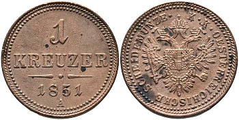 Австрия 1 крейцер 1851 A, Франц Иосиф I (1848-1916) KM 2185 медь 117-517