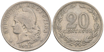 Аргентина 20 сентаво 1925 голова свободы влево KM 36, CJ 74, Schon 39 медно-никель    60-912