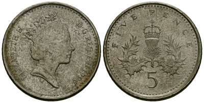 Великобритания 5 пенсов 1996 Елизавета II (1952-2022) KM 937b, Spink 4372 (D4) медно-никель 4173-1246