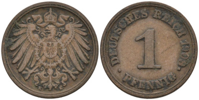 Германия 1 пфенниг 1908 E KM 10, J. 10 медь 4567-1263