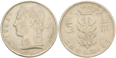 БЕЛЬГИЯ 5 ФРАНКОВ 1963 BELGIE, БОДУЭН I (1951-1993) KM 135.1 медно-никель 202-1154