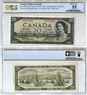 Канада 20 долларов 1954 слабе компаии - PCGS. Грейд 55 - About Uncirculated. "DEVIL FACE" Pick 70 b, BC - 33 b бумага 452-1-188