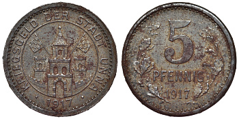 Германия, Унна 5 пфеннигов 1917 Северный Рейн-Вестфалия, нотгельд цинк 4118-1255