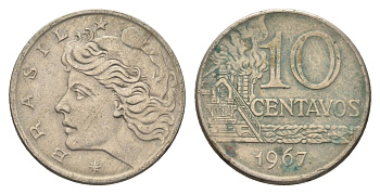 Бразилия 10 сентаво 1967 год-тип KM 578.1 медно-никель 4663-524