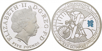 Великобритания 5 фунтов 2011 Елизавета II (1952-2022), XXX Летние Олимпийские игры 2012 в Лондоне 2012 - Обратный отсчет 1 год до начала, велосипедный спорт, KM 1202, Spink LO35 серебро PROOF 11-176-21