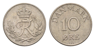 Дания 10 эре 1954 N; S, Фредерик IX (1947-1972) KM 841 медно-никель 4611-617