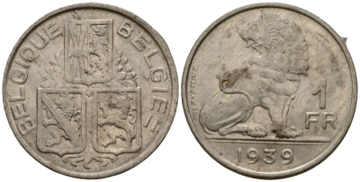 Бельгия 1 франк 1938 Belgique - Belgie KM 119 никель 4601-635