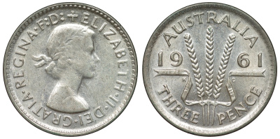 Австралия 3 пенса 1961 m, Елизавета II (1952-2022) KM 57 серебро 71-716