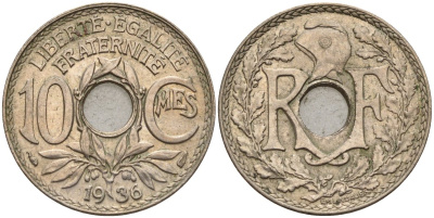 Франция 10 сантимов 1936 KM 866a, Le Franc 138.3 медно-никель 4143-1035