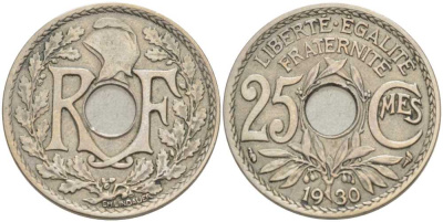 ФРАНЦИЯ 25 САНТИМОВ 1930 ТИП ЛИНДАЙЁ KM 867а, LE FRANC 171.14 медно-никель 202-117