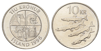Исландия 10 крон 1996 рыбы KM 29.1a сталь плакированная никелем UNC 4691-242