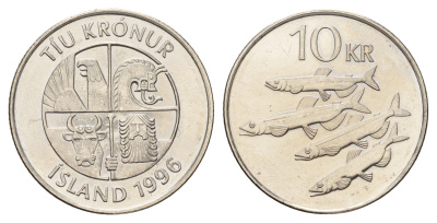 Исландия 10 крон 1996 рыбы KM 29.1a сталь плакированная никелем UNC 4691-242