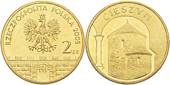Польша 2 злотых 2005 MW, серия польские города, Цешин (Cieszyn) KM 753, Parchimowicz 962 латунь 4586-1055