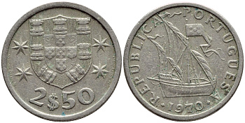 ПОРТУГАЛИЯ 2,5 ЭСКУДО 1970 ПАРУСНИК KM 590 медно-никель 4396-142