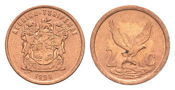 ЮАР 2 цента 1998 KM 159 сталь плакированная медью UNC 4621-224