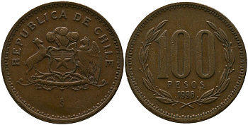 Чили 100 песо 1998 So KM 226.2, Schon 71 алюминиевая бронза 4544-1254