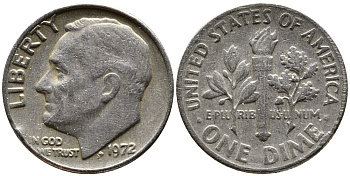 США 10 ЦЕНТОВ = 1 ДАЙМ 1972 РУЗВЕЛЬТ KM 195а медь плакированная медно-никелем 26-863