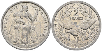 Французская Новая Каледония 2 франка 1983 птица кагу, (IEOM) KM 14, Schoen 11, Lec 63 алюминий    27-746