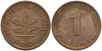 ФРГ 1 пфенниг 1987 G KM 105, J. 380 сталь плакированная медью    4598-643