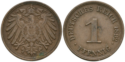 Германия 1 пфенниг 1892 D, Вильгельм II (1888-1918) KM 10, J. 10 медь 4608-128