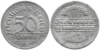 ГЕРМАНИЯ 50 ПФЕННИГОВ 1921 GF KM 27, J. 301 алюминий 24-1014