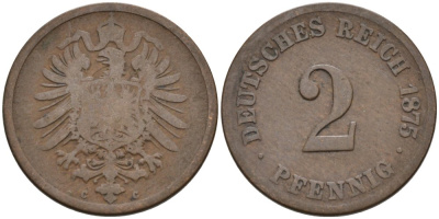 Германия 2 пфеннига 1875 C, старогербовка KM 2, J. 2 медь 4575-634