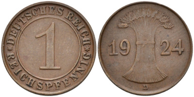 Германия 1 рейхспфенниг 1924 D KM 37, J.313, Weege 2 медь 4585-549