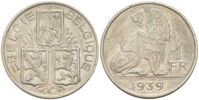 БЕЛЬГИЯ 1 ФРАНК 1939 BELGIE-BELGIQUE, ЛЕОПОЛЬД III (1934-1950) KM 120 никель 202-1135