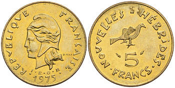 Французские Новые Гебриды 5 франков 1975  KM 6.2 никель-латунь  UNC  4610-536