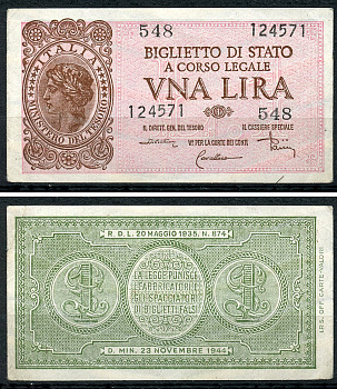 Италия 1 лира 1944 подписи Di Cristina, Cavallaro, Parisi Pick 29 c, Grapanzano BS 8  бумага  aUNC 8614-8-1-2