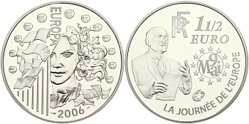 Франция 1 1/2 евро 2006 Декларация Шумана, день Европы 9 мая 1950 года KM 2037 серебро PROOF 1066-8-34
