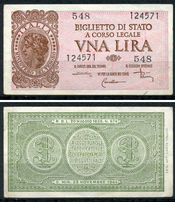 Италия 1 лира 1944 подписи Di Cristina, Cavallaro, Parisi Pick 29 c, Grapanzano BS 8  бумага  aUNC 8614-8-1-2