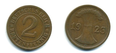 ГЕРМАНИЯ 2 РЕНТПФЕННИГА 1923 G J 307, KM 31 бронза 46-1216