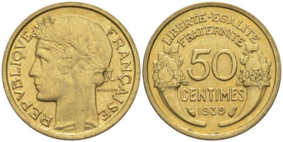 ФРАНЦИЯ 50 САНТИМОВ 1939 ТИП MORLON KM 894.1, LE FRANC 192.15 алюминиевая бронза 44-841