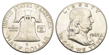 США 1/2 доллара (50 центов) 1963 Бенджамин Франклин, колокол KM 199 серебро  aUNC  4574-415