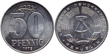 ГДР 50 ПФЕННИГОВ 1973 А KM 12.2 алюминий UNC 177-1046
