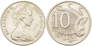 Австралия 10 центов 1979 Елизавета II (1952-), птица лирахвост KM 65 медно-никель 4519-422