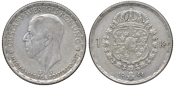 Швеция 1 крона 1944 G, Густав V (1907-1950) KM 814 серебро 4178-711