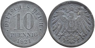 ГЕРМАНИЯ 10 ПФЕННИГОВ 1921 KM 26, J. 299 цинк 4395-1254