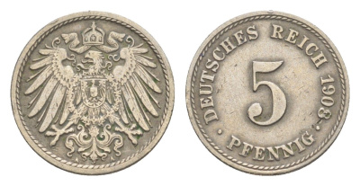Германия 5 пфеннигов 1908 A, Вильгельм II (1888-1918) KM 11, J. 12 медно-никель 4640-124