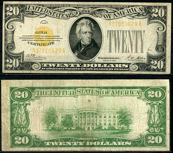 США 20 долларов 1928 G, золотой сертификат Pick 401 бумага 451-135-1