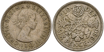 Великобритания 6 пенсов 1956 Елизавета II (1952-2022) KM 862 медно-никель 4154-1019