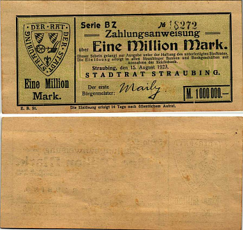 ШТРАУБИНГ 1000000 МАРОК 1923 НОТГЕЛЬД, 15 АВГУСТА 1923, ЗЕМЛЯ БАВАРИЯ, СВЕТЛО-ЗЕЛЁНАЯ Keller 4904e бумага 6318-38-1-1